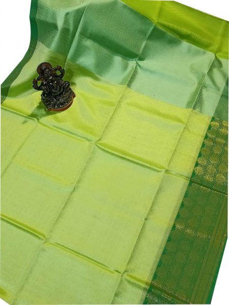 Lime green and Deep green kora silk saree with kuppatam border